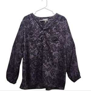 Croft & Barrow Purple Lace Print Top Plus Size 1X Roll Tab Boho Paisley Popover